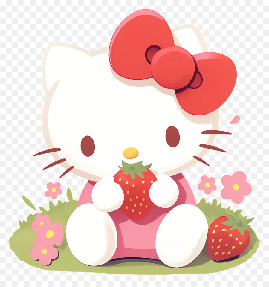 Hello Kitty Con Fresa，Gato De Dibujos Animados Con Fresa PNG