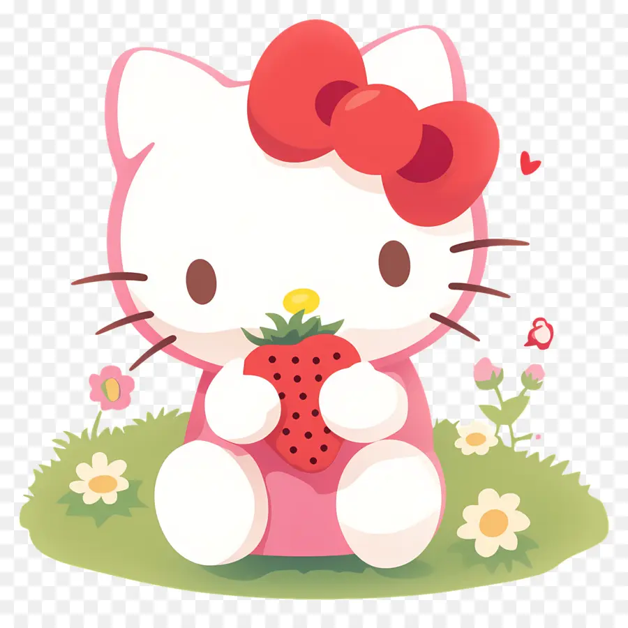 Hello Kitty Con Fresa，Gato De Dibujos Animados Con Fresa PNG