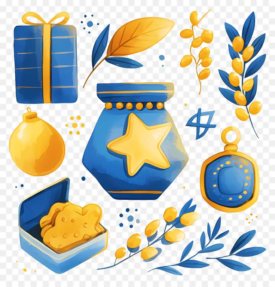 Decoración De Jánuca，Set De Regalo Azul Y Amarillo PNG