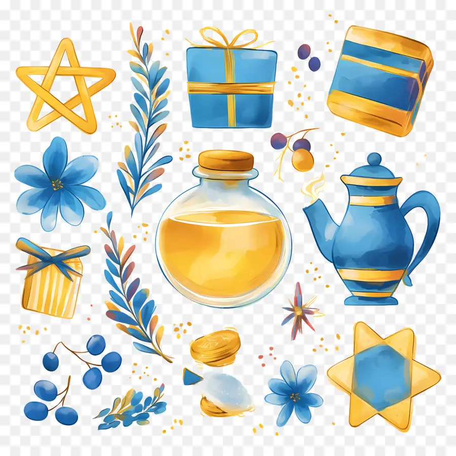 Decoración De Jánuca，Objetos Azules Y Amarillos PNG