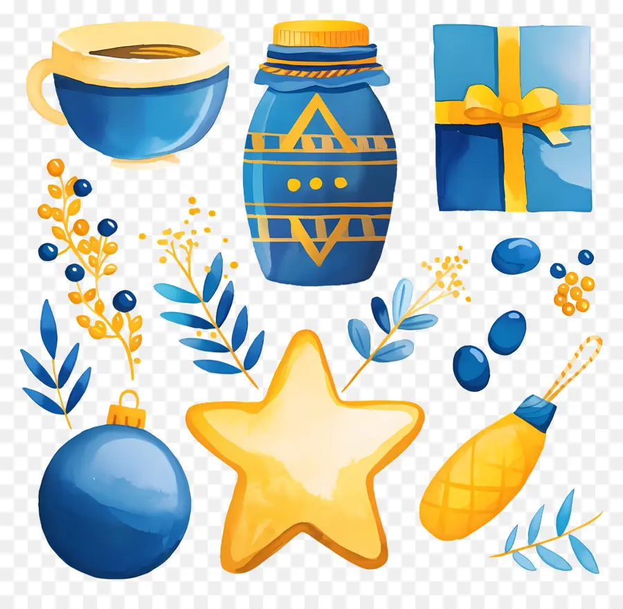 Decoración De Jánuca，Conjunto De Hanukkah Azul Y Amarillo PNG