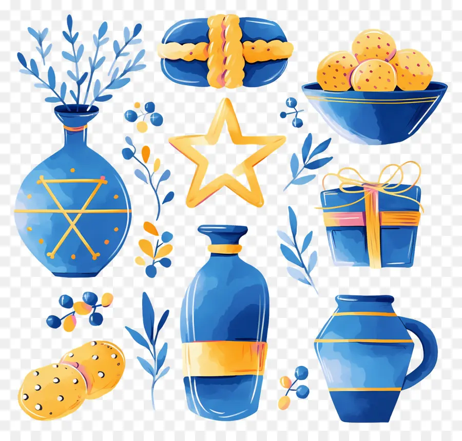 Decoración De Jánuca，Objetos Azules Y Amarillos PNG