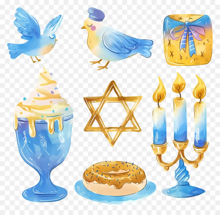 Decoración De Jánuca，Símbolos De Hanukkah Azul Y Dorado PNG