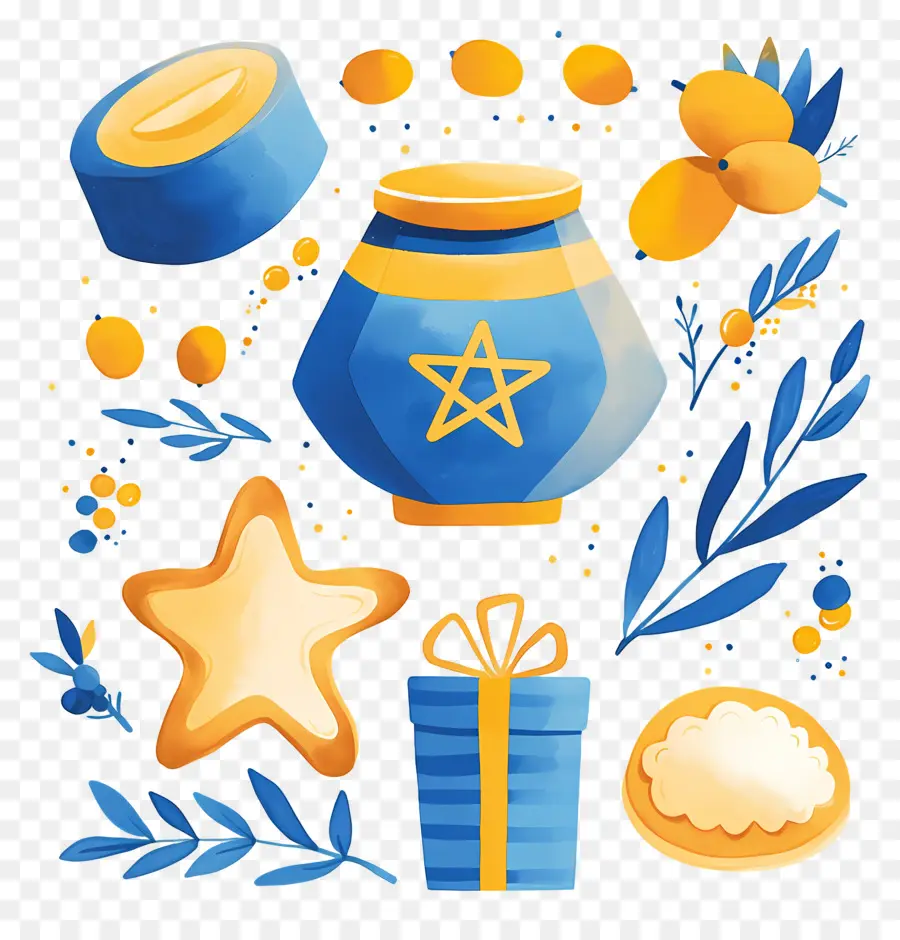 Decoración De Jánuca，Conjunto De Hanukkah Azul Y Amarillo PNG