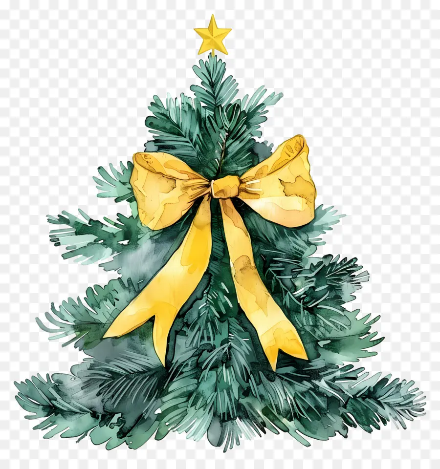 Árbol De Navidad De Acuarela，Árbol De Navidad Con Lazo Amarillo Y Estrella PNG