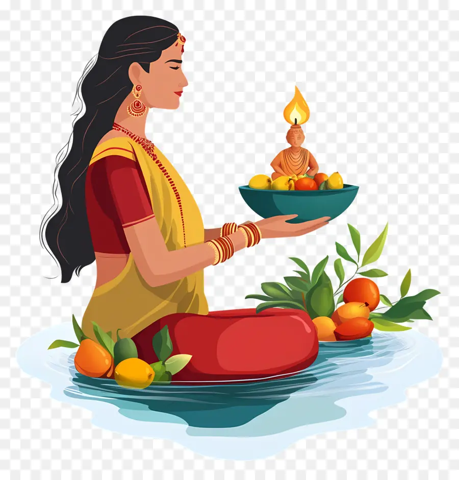 Chhat Puja，Mujer Con Lámpara Y Frutas PNG