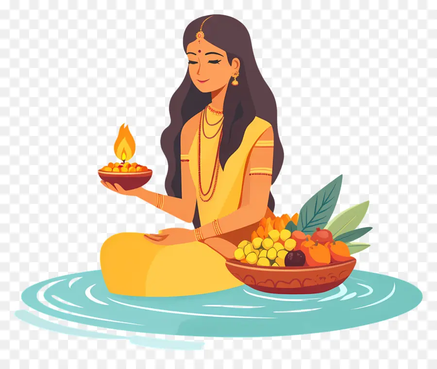 Chhat Puja，Mujer Con Lámpara Y Frutas PNG