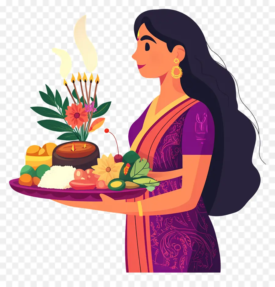 Chhat Puja，Mujer Con Plato De Ofrenda PNG