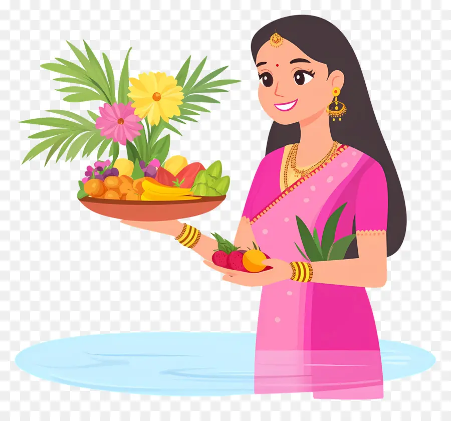 Chhat Puja，Mujer Con Plato De Frutas PNG