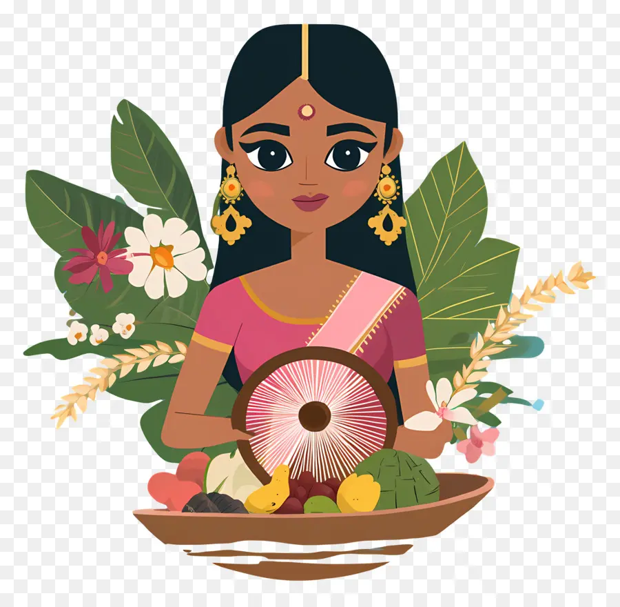 Chhat Puja，Mujer Con Frutas Y Flores PNG