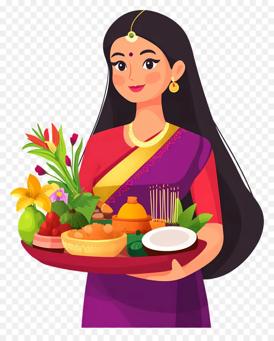 Chhat Puja，Mujer Con Plato De Ofrenda PNG