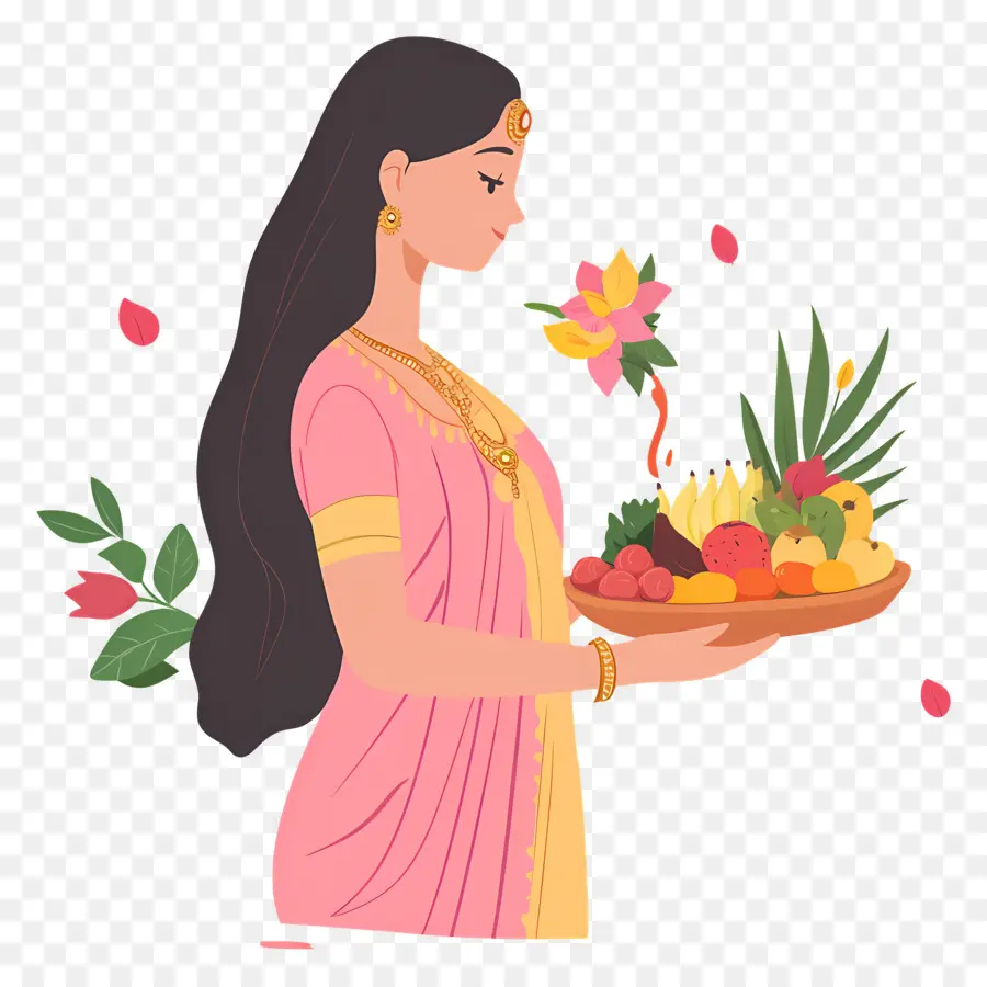 Chhat Puja，Mujer Con Plato De Frutas PNG