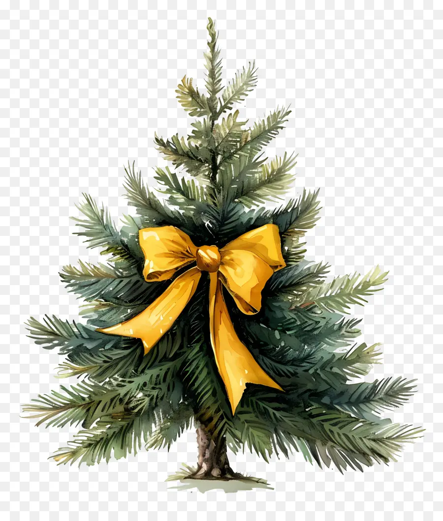 Árbol De Navidad De Acuarela，Árbol De Navidad Con Lazo Amarillo Y Estrella PNG