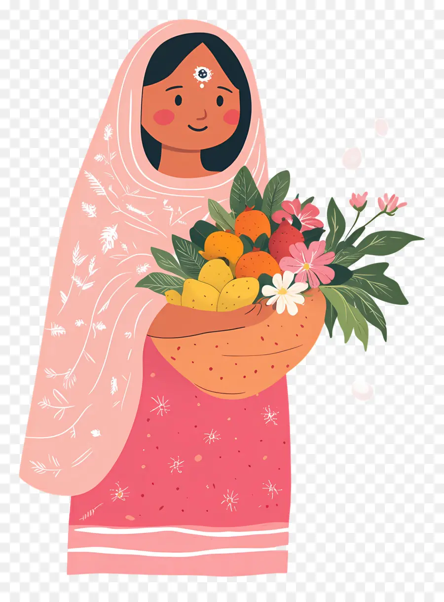 Chhat Puja，Mujer Con Frutas Y Flores PNG