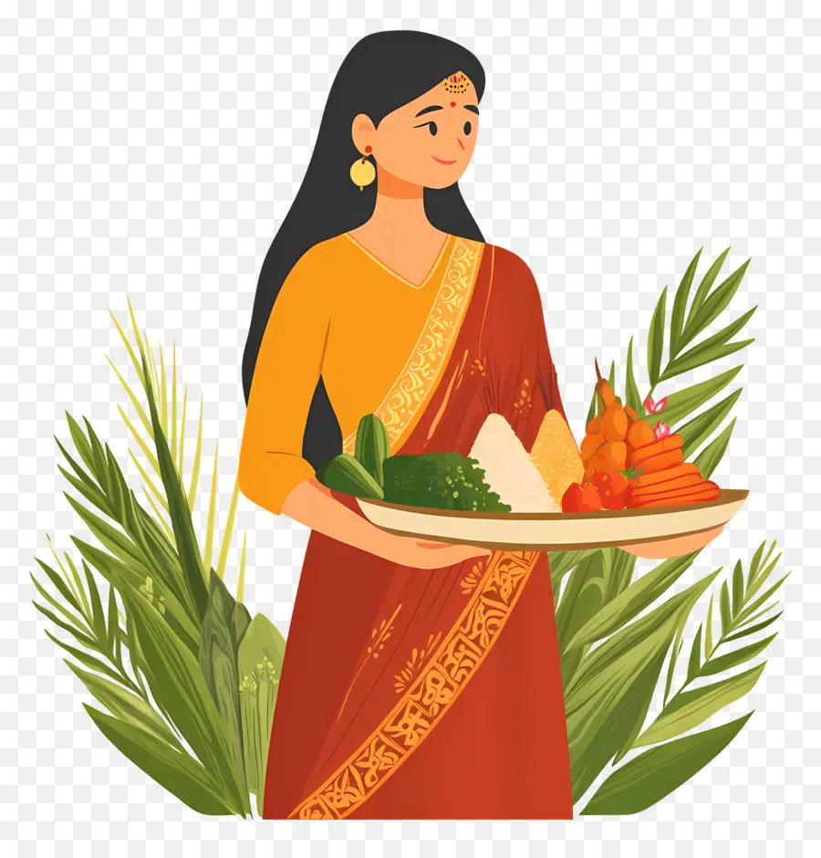 Chhat Puja，Mujer Con Plato De Comida PNG