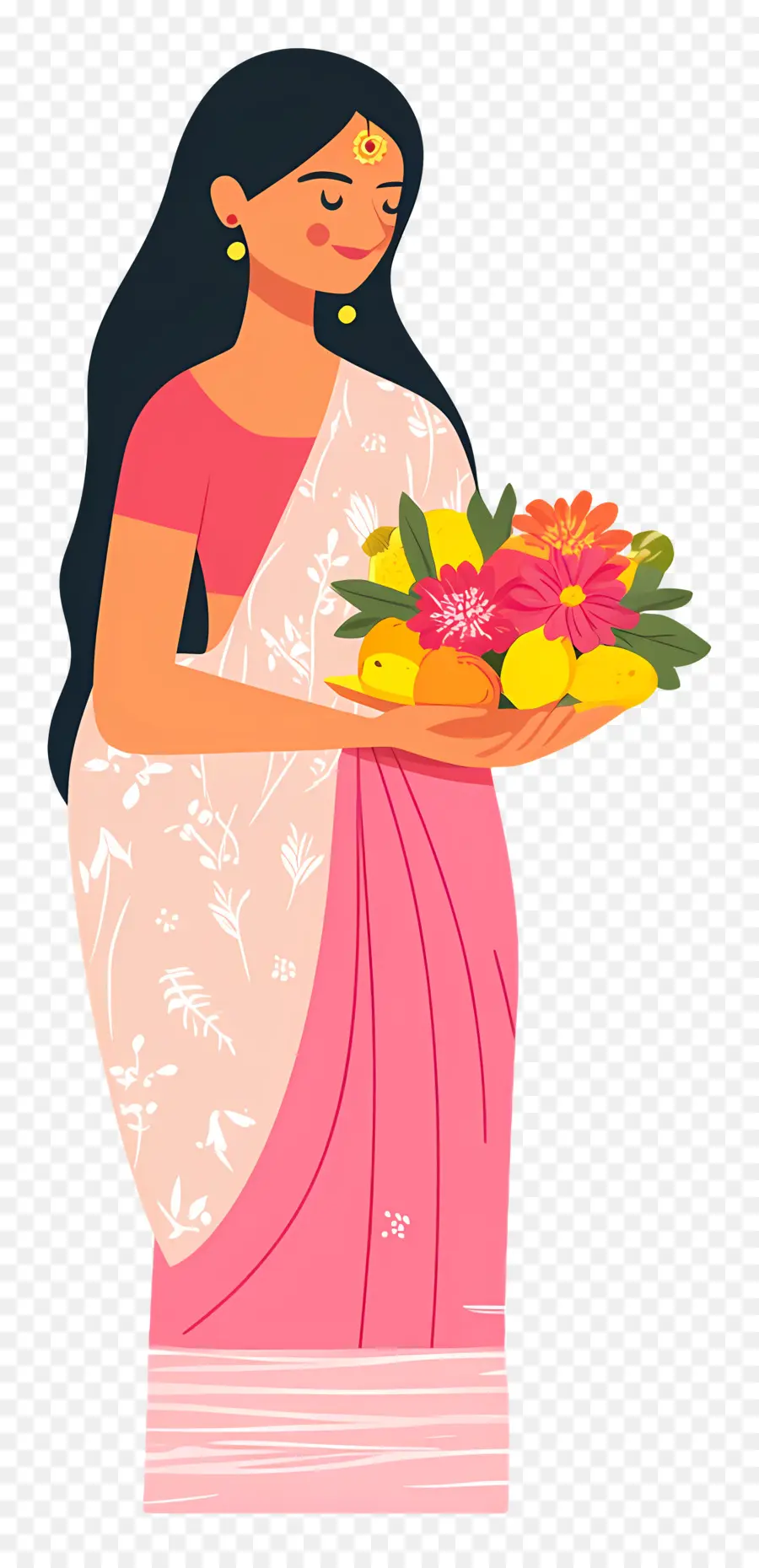 Chhat Puja，Mujer Con Frutas Y Flores PNG