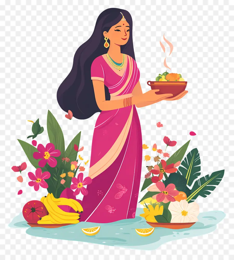 Chhat Puja，Mujer Con Comida Y Flores PNG