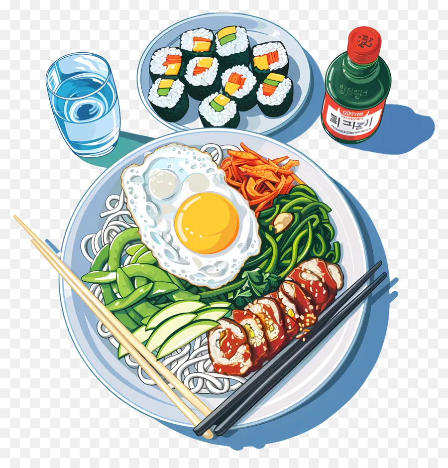 Comida Coreana，Plato De Fideos Con Sushi PNG