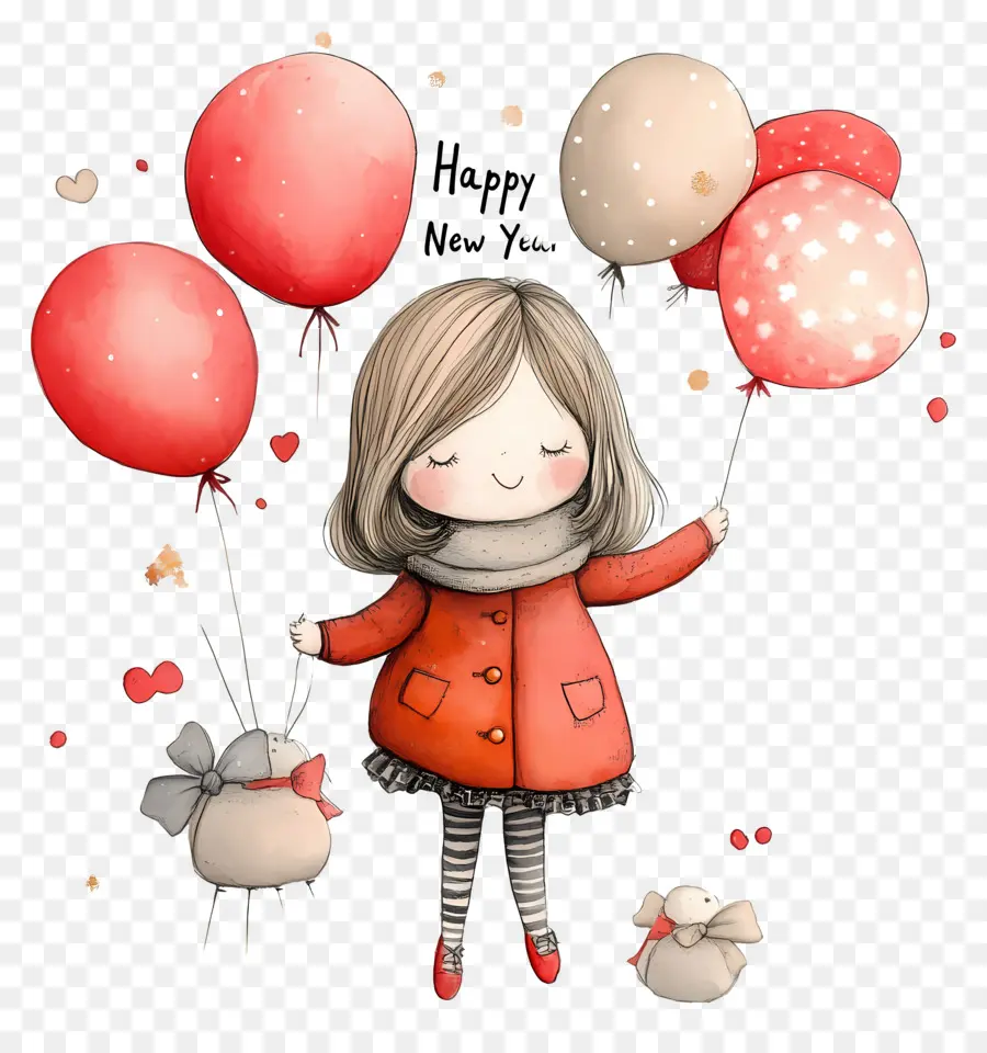 Feliz Año Nuevo，Niña Con Globos PNG