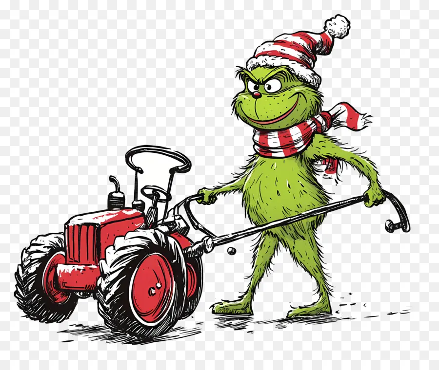 Grinch Navideño，Criatura Verde Con Tractor Rojo PNG