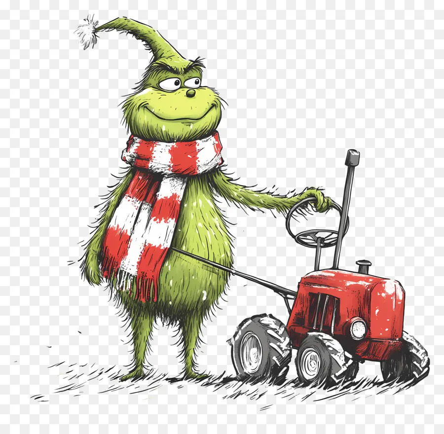 Grinch Navideño，Criatura Verde Con Tractor Rojo PNG