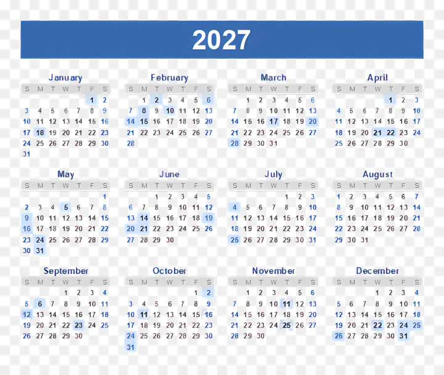 Calendario 2027，Calendario 2028 PNG