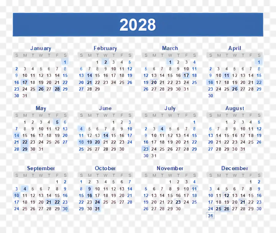 Calendario 2028，Año PNG