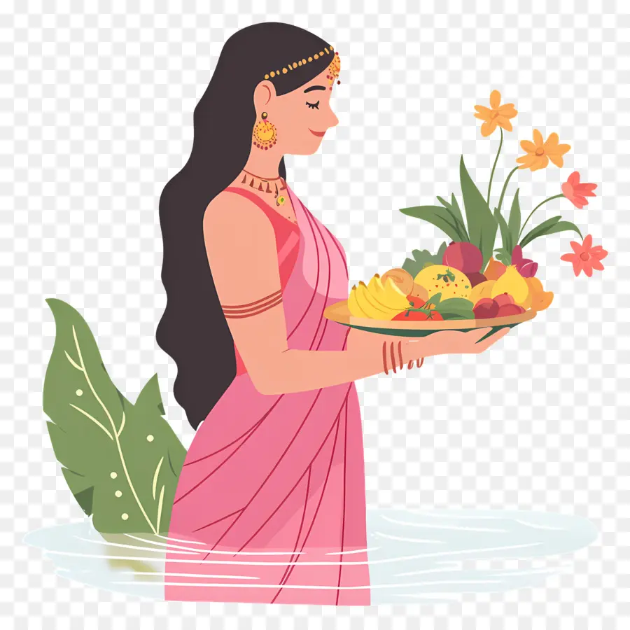 Chhat Puja，Mujer Con Vestimenta Tradicional Con Ofrendas PNG