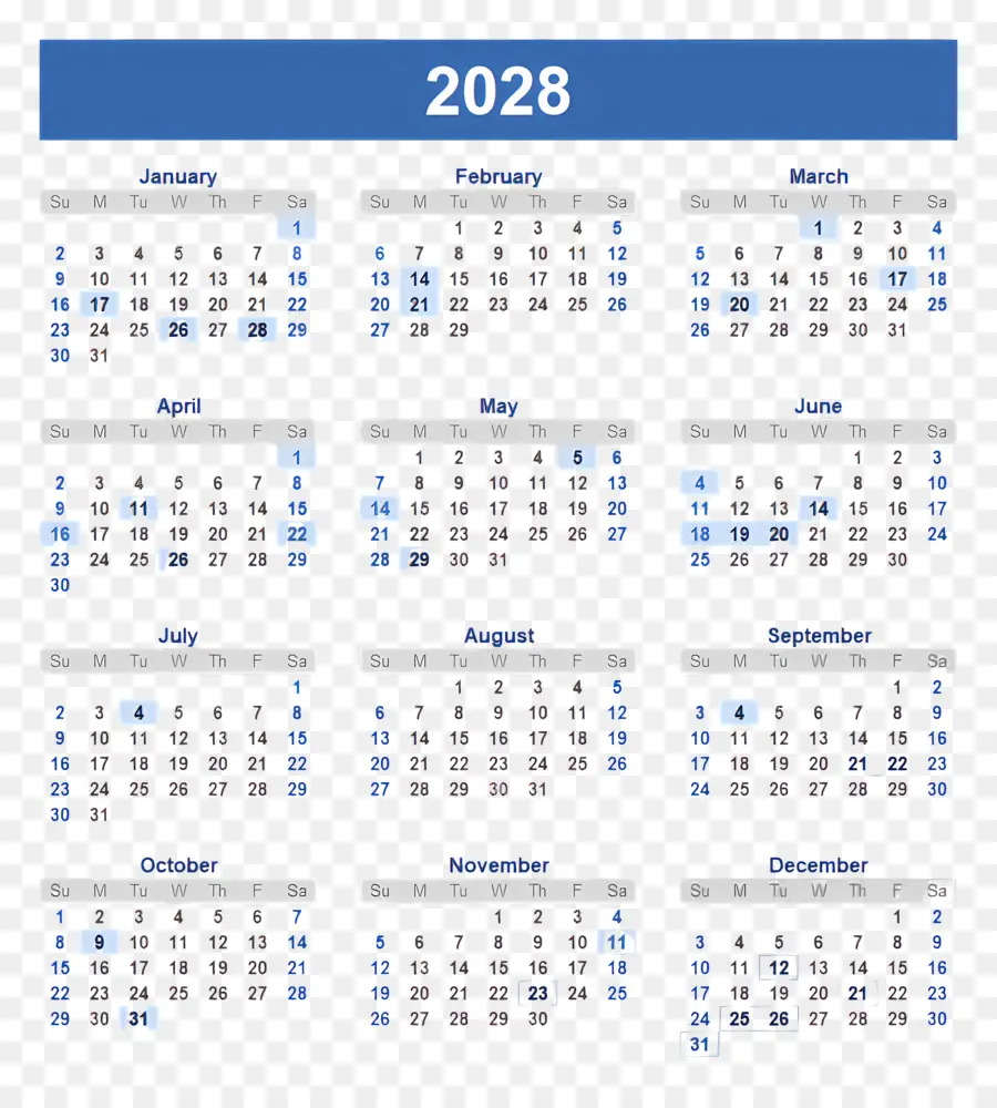 Calendario 2028，Año PNG