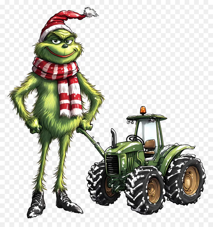 Grinch Navideño，Criatura Verde Con Tractor Amarillo PNG