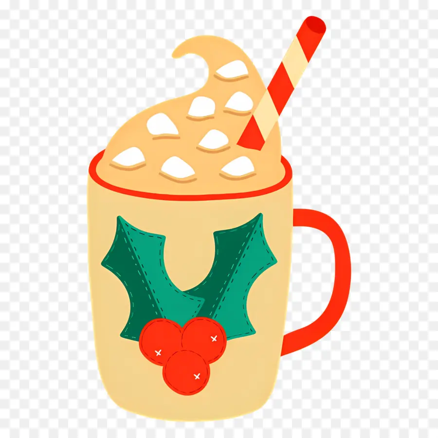 Chocolate Caliente Navideño，Taza Amarilla Con Acebo PNG