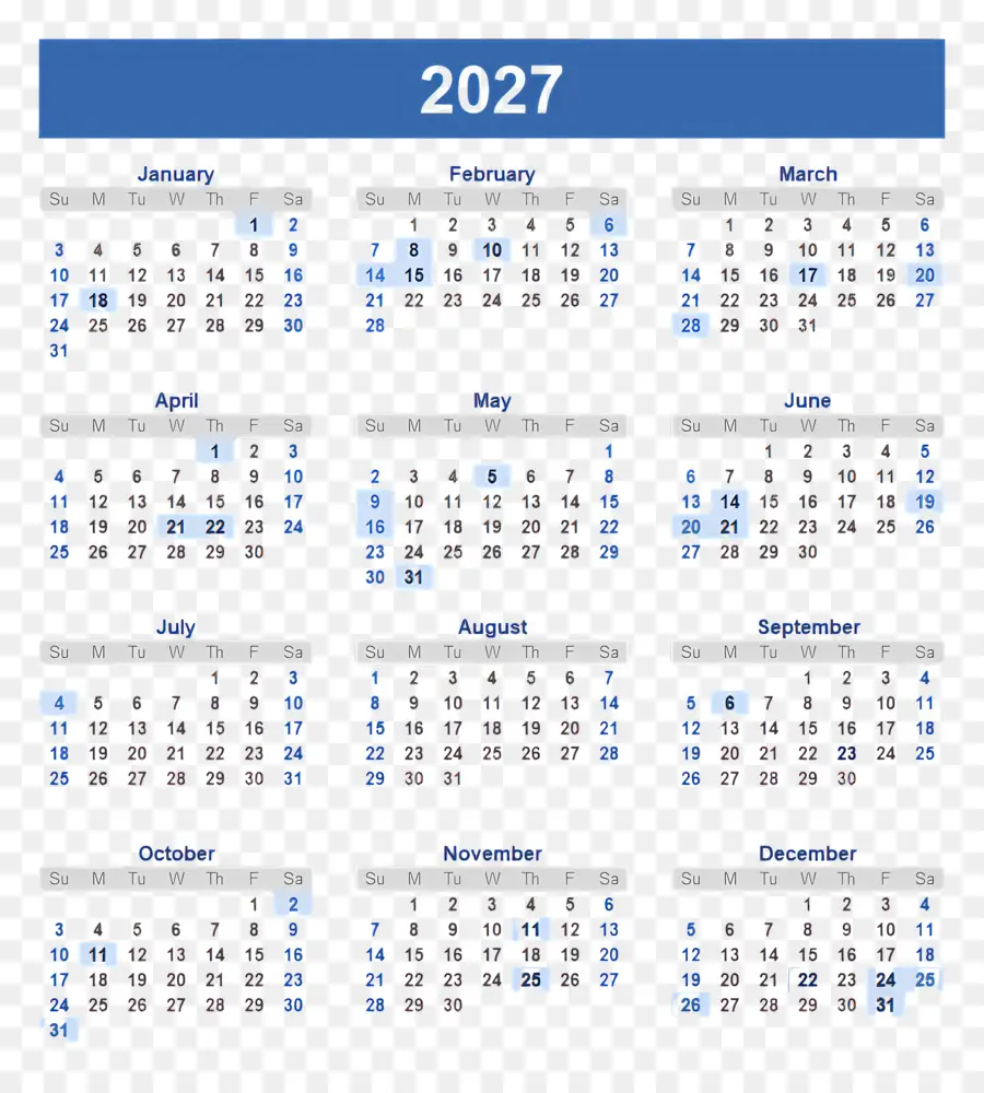 Calendario 2027，Calendario 2028 PNG