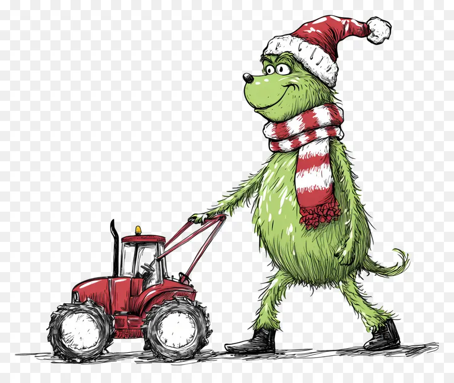 Grinch Navideño，Criatura Verde Con Tractor Rojo PNG